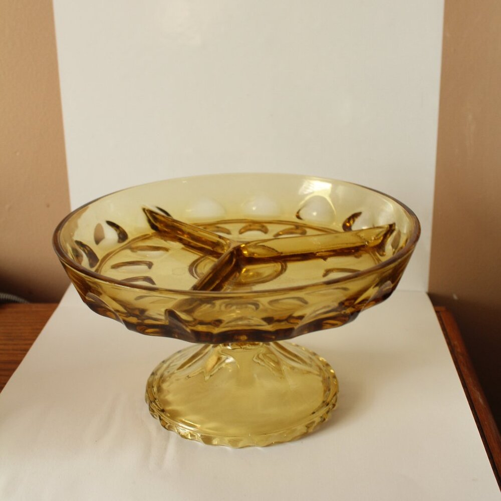 Hazel Atlas Amber Divided Pedestal Dish  Depression
